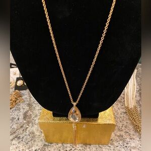 Large light yellow/pink pendant gold tone necklace